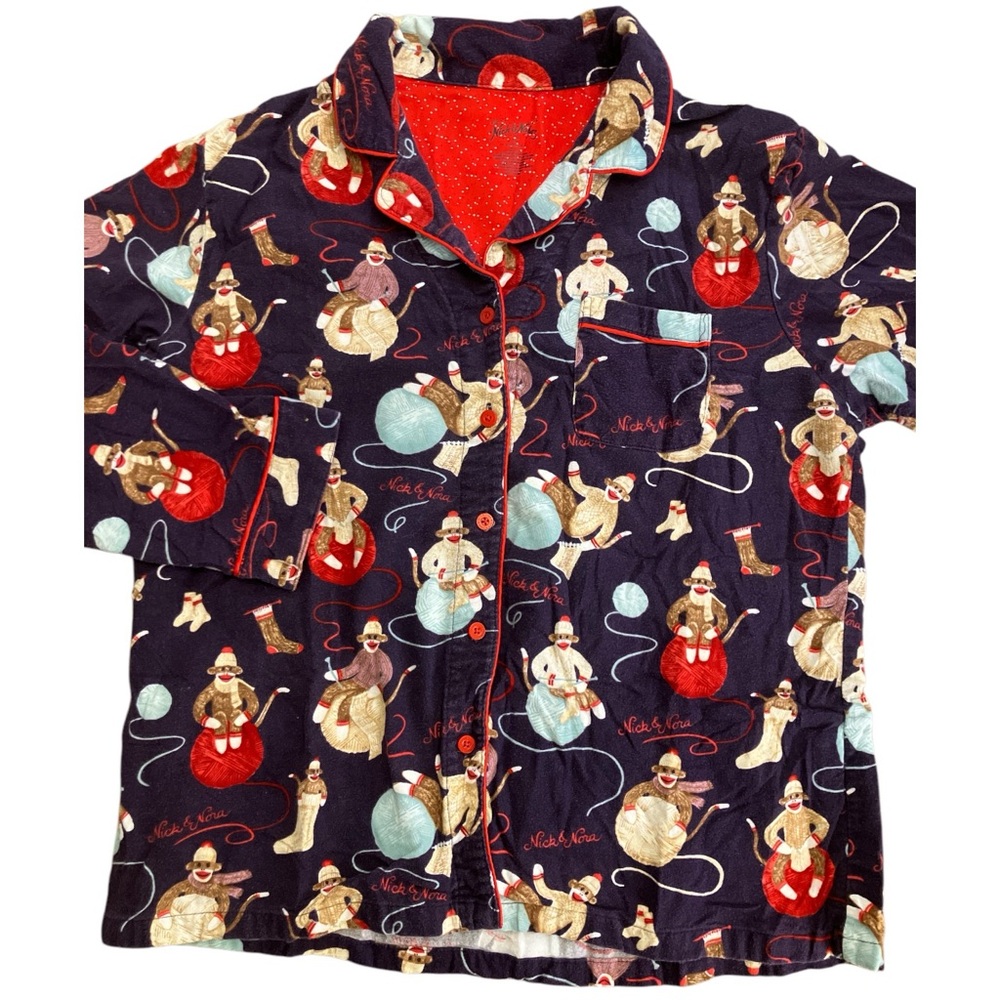 Nick & Nora XL Flannel Cotton Sock Monkey Pajama Top Blue Red Button down